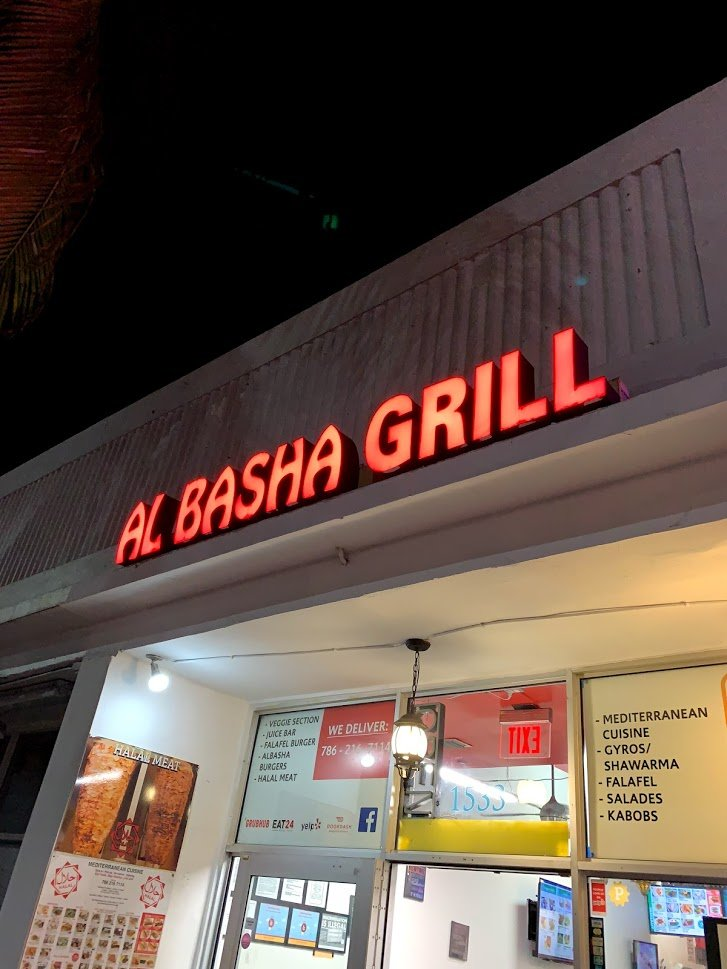 Al Basha Grill Miami Beach storefront at night